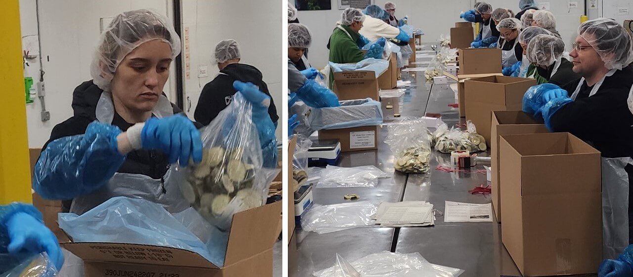 Employees in Hillsboro, Oregon pack food for a food bank during KLA Foundation's Global Volunteer Week. 